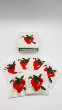 Vintage Plastic Canvas Needlepoint Strawberry Coaster Set 6 Granny Core Handmade